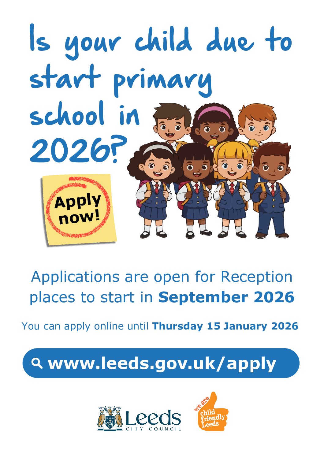 Information poster for settings to display to parents regarding starting primary school in Leeds.